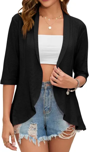 Women's Open Front 3/4 Sleeve Soft Drape Ruffles Cardigan Jacket