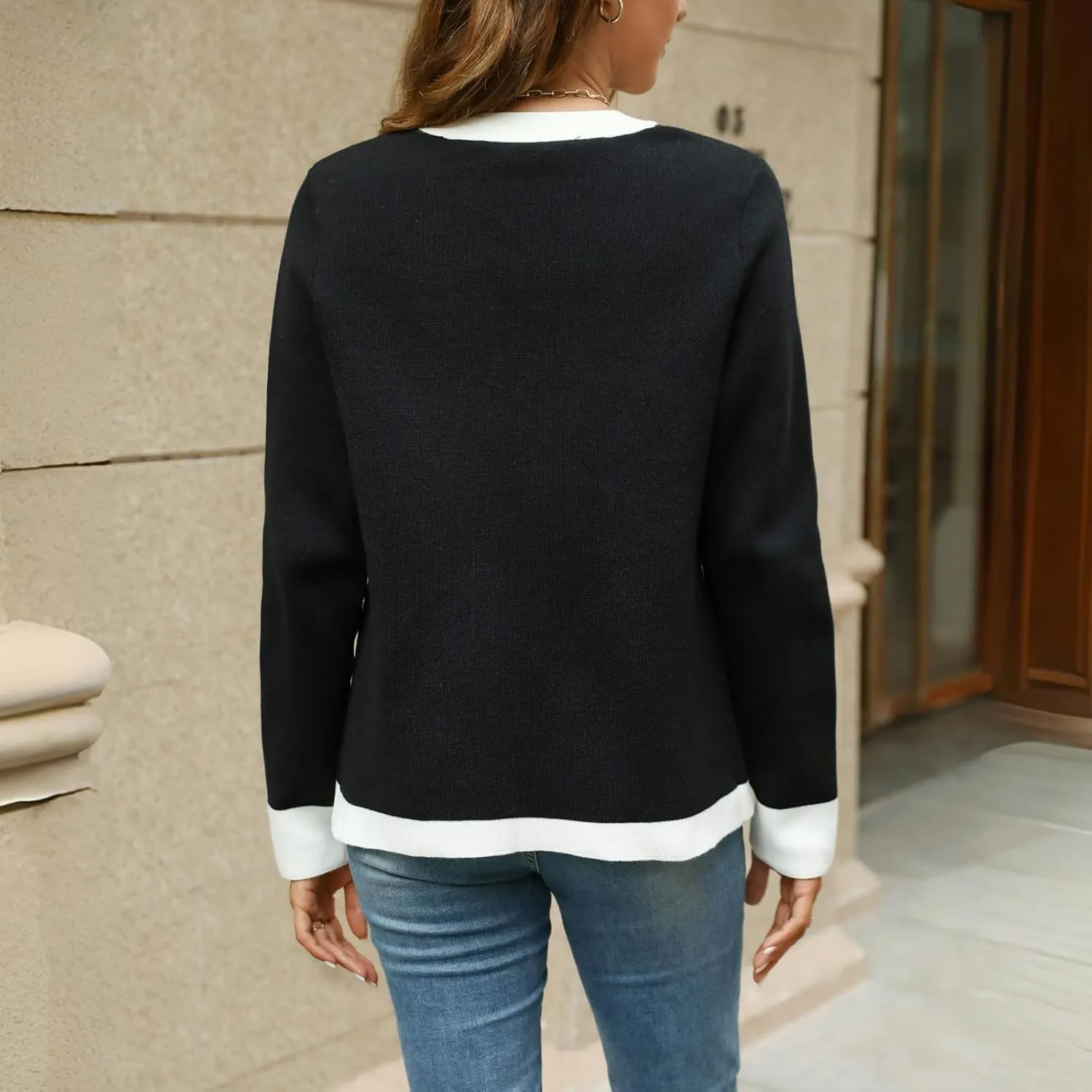 Women's Open Front Cardigan Sweaters with Trim, Long Sleeve Knit Cardigan Casual for Fall and Winter