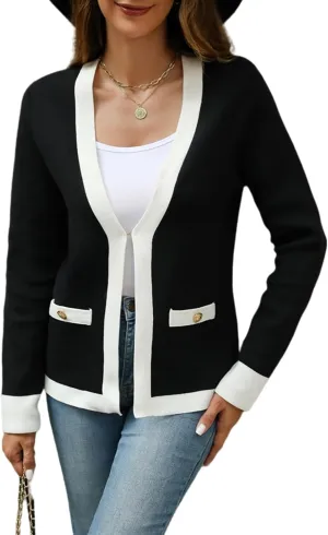 Women's Open Front Cardigan Sweaters with Trim, Long Sleeve Knit Cardigan Casual for Fall and Winter