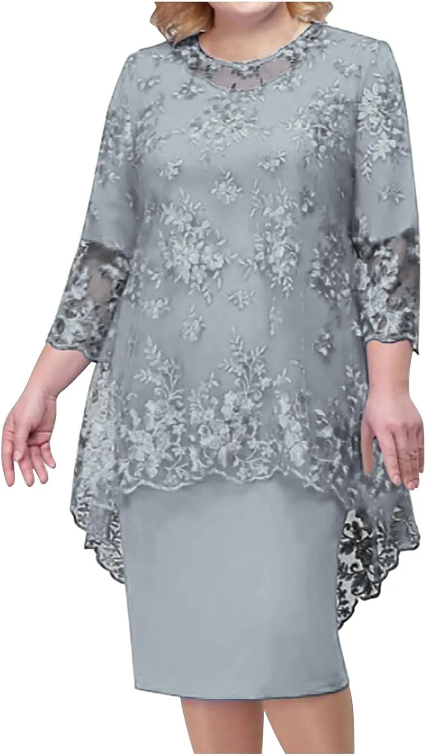 Women's Plus Size Lace Dress 3/4 Sleeve Elegant Mother of The Bride Dresses Formal Evening Party Outfit