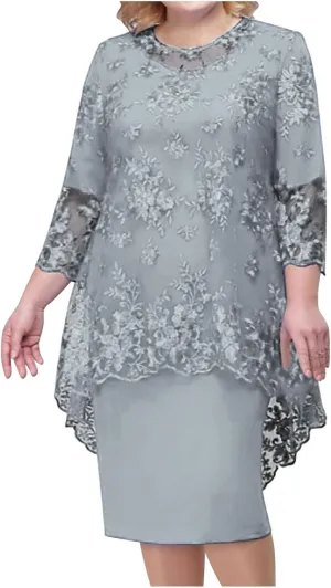 Women's Plus Size Lace Dress 3/4 Sleeve Elegant Mother of The Bride Dresses Formal Evening Party Outfit