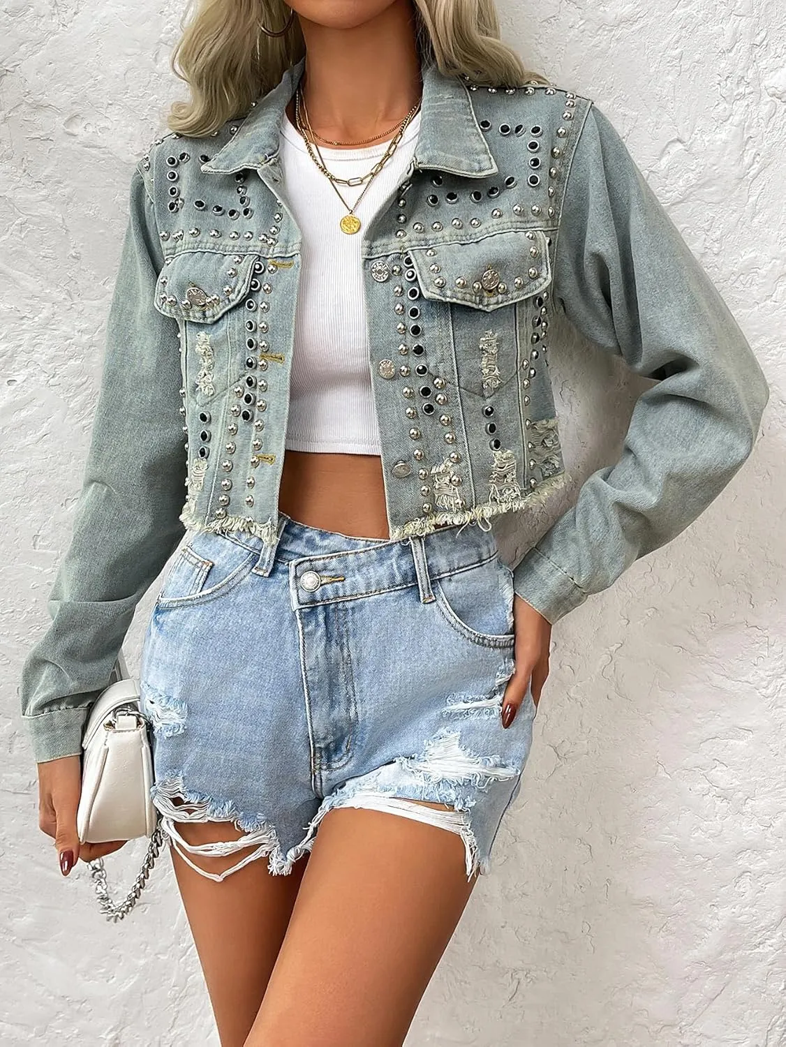 Women's Rivet Studded Denim Jacket Cropped Washed Pearl Short Jean Coat