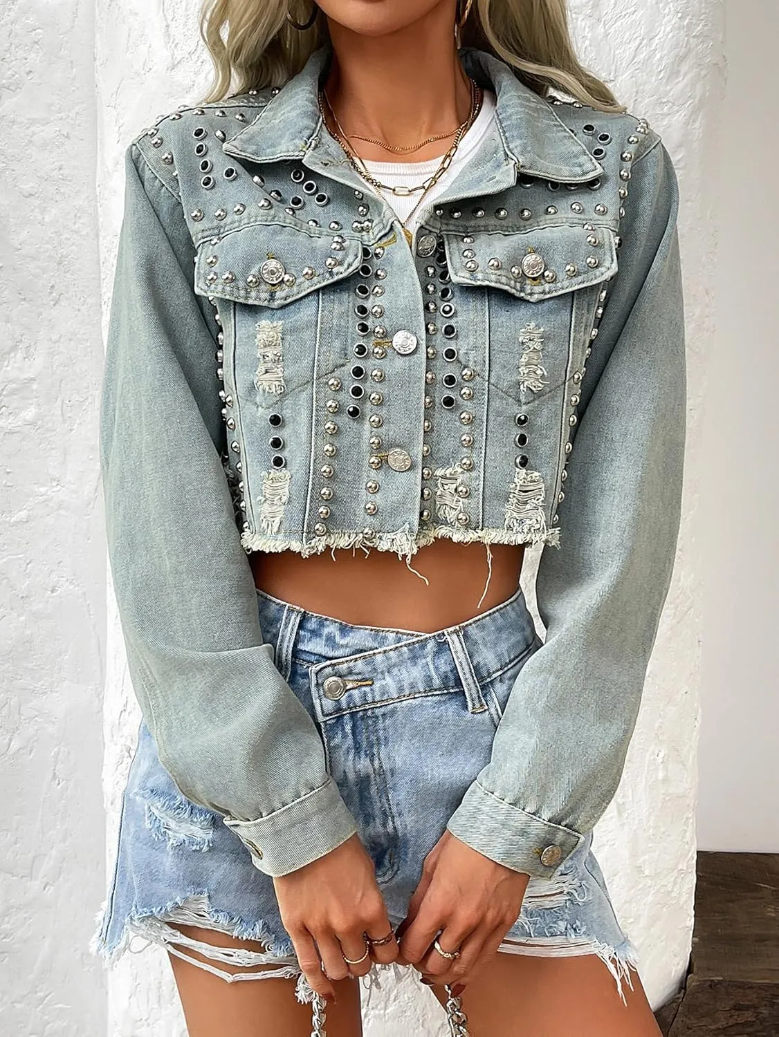 Women's Rivet Studded Denim Jacket Cropped Washed Pearl Short Jean Coat