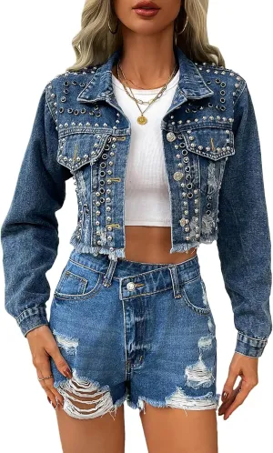 Women's Rivet Studded Denim Jacket Cropped Washed Pearl Short Jean Coat