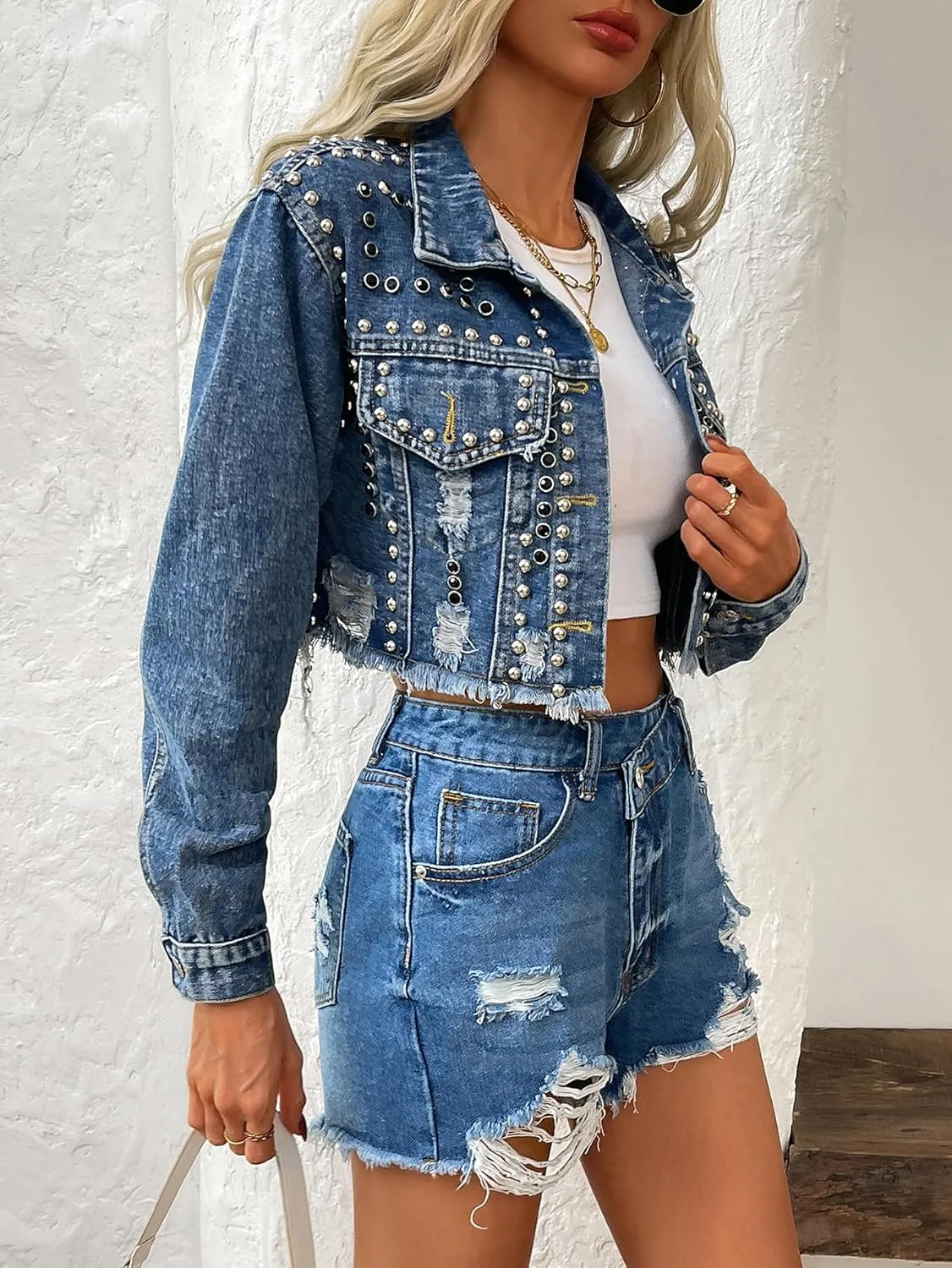 Women's Rivet Studded Denim Jacket Cropped Washed Pearl Short Jean Coat