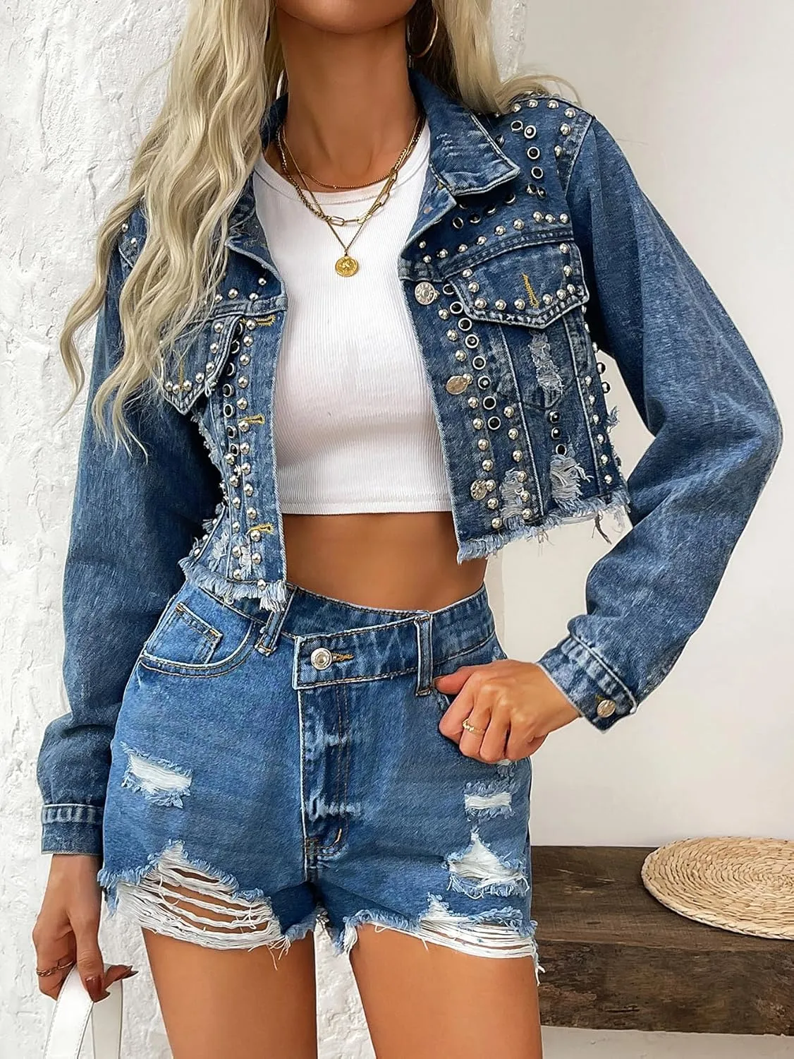 Women's Rivet Studded Denim Jacket Cropped Washed Pearl Short Jean Coat
