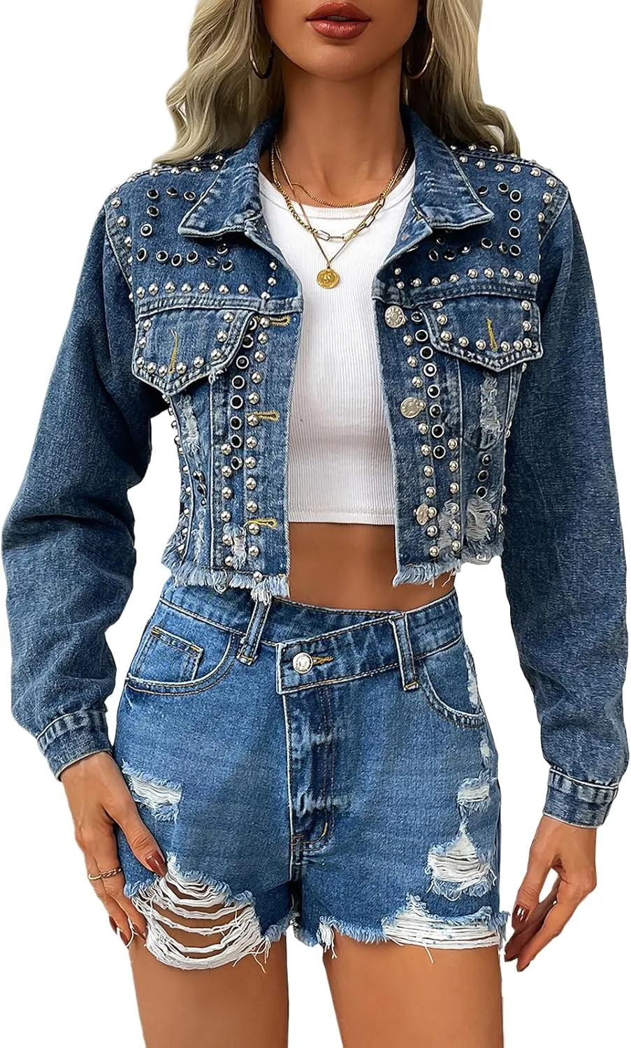 Women's Rivet Studded Denim Jacket Cropped Washed Pearl Short Jean Coat