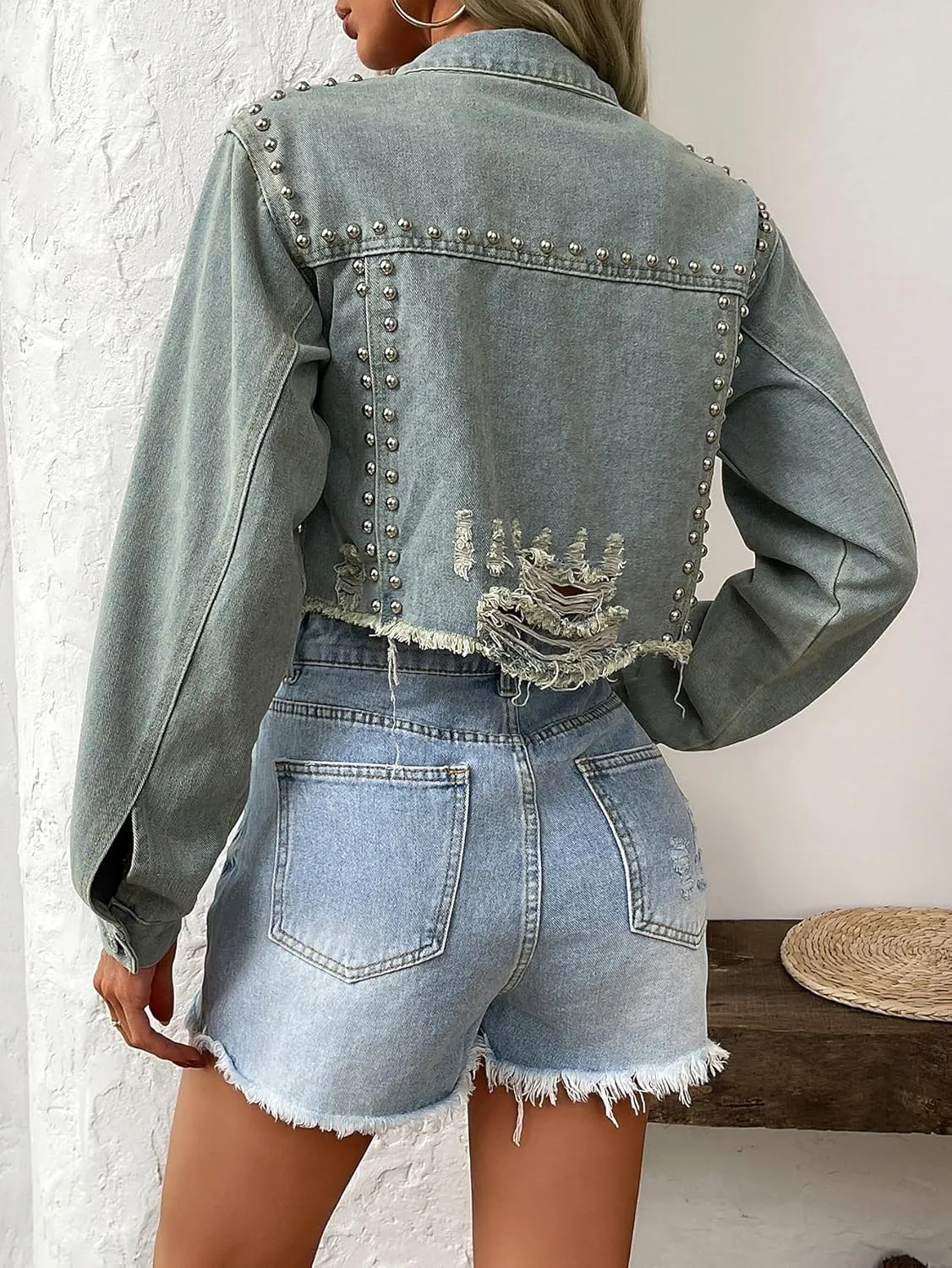 Women's Rivet Studded Denim Jacket Cropped Washed Pearl Short Jean Coat