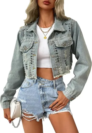 Women's Rivet Studded Denim Jacket Cropped Washed Pearl Short Jean Coat