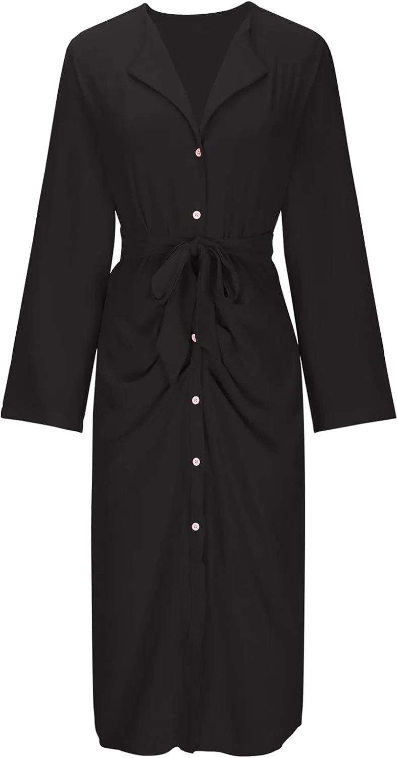 Women's Roll Up Long Sleeve Button Down Shirt Dress Casual Loose Front Split Work Business Dressy Midi Dresses with Belt