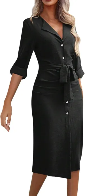 Women's Roll Up Long Sleeve Button Down Shirt Dress Casual Loose Front Split Work Business Dressy Midi Dresses with Belt