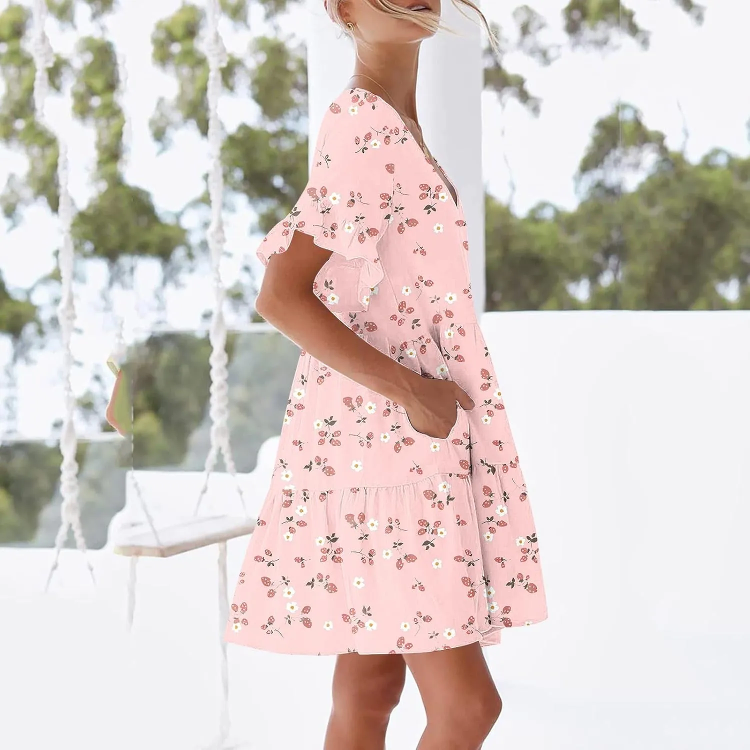Women's Ruffle Floral Print Mini Dresses Trendy Casual 2025 Summer Loose V Neck Short Sleeve A-Line Boho Dress with Pockets