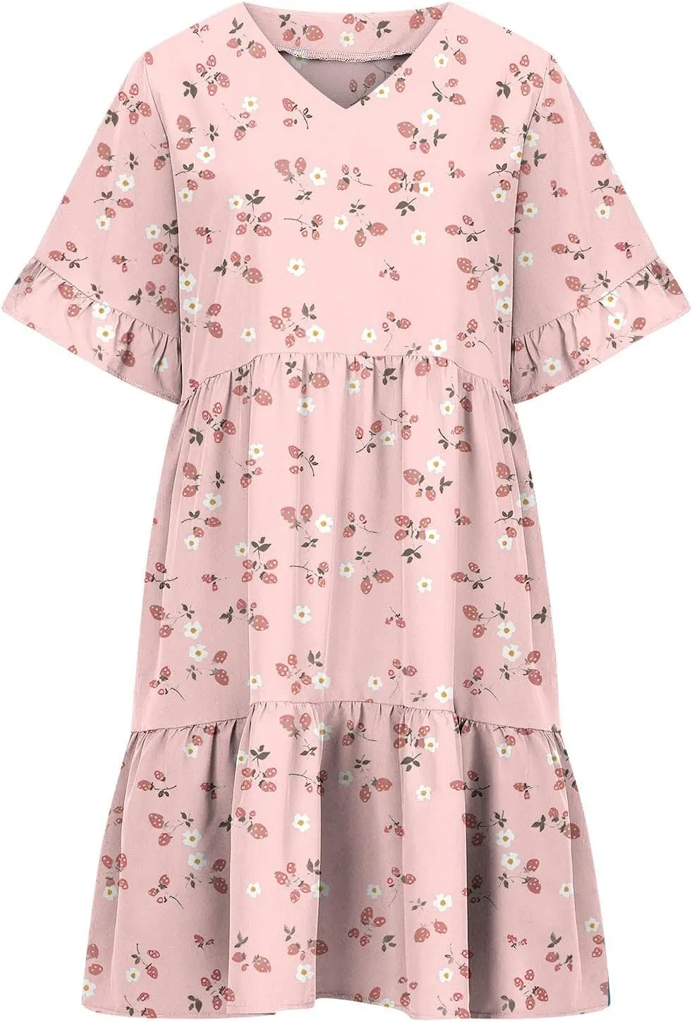 Women's Ruffle Floral Print Mini Dresses Trendy Casual 2025 Summer Loose V Neck Short Sleeve A-Line Boho Dress with Pockets