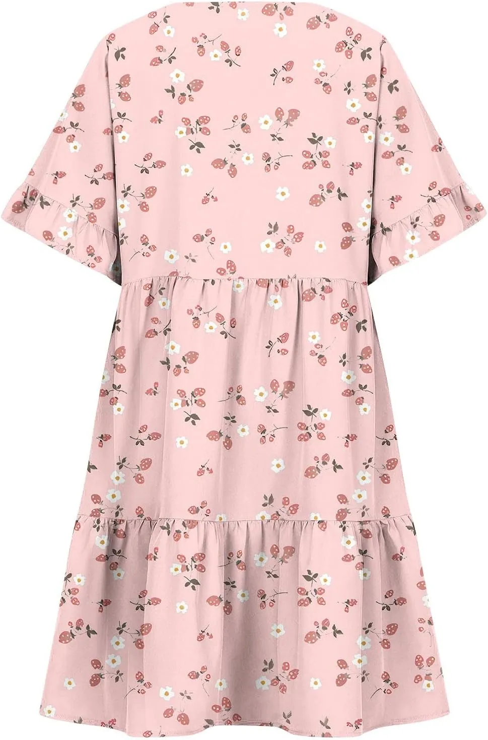 Women's Ruffle Floral Print Mini Dresses Trendy Casual 2025 Summer Loose V Neck Short Sleeve A-Line Boho Dress with Pockets