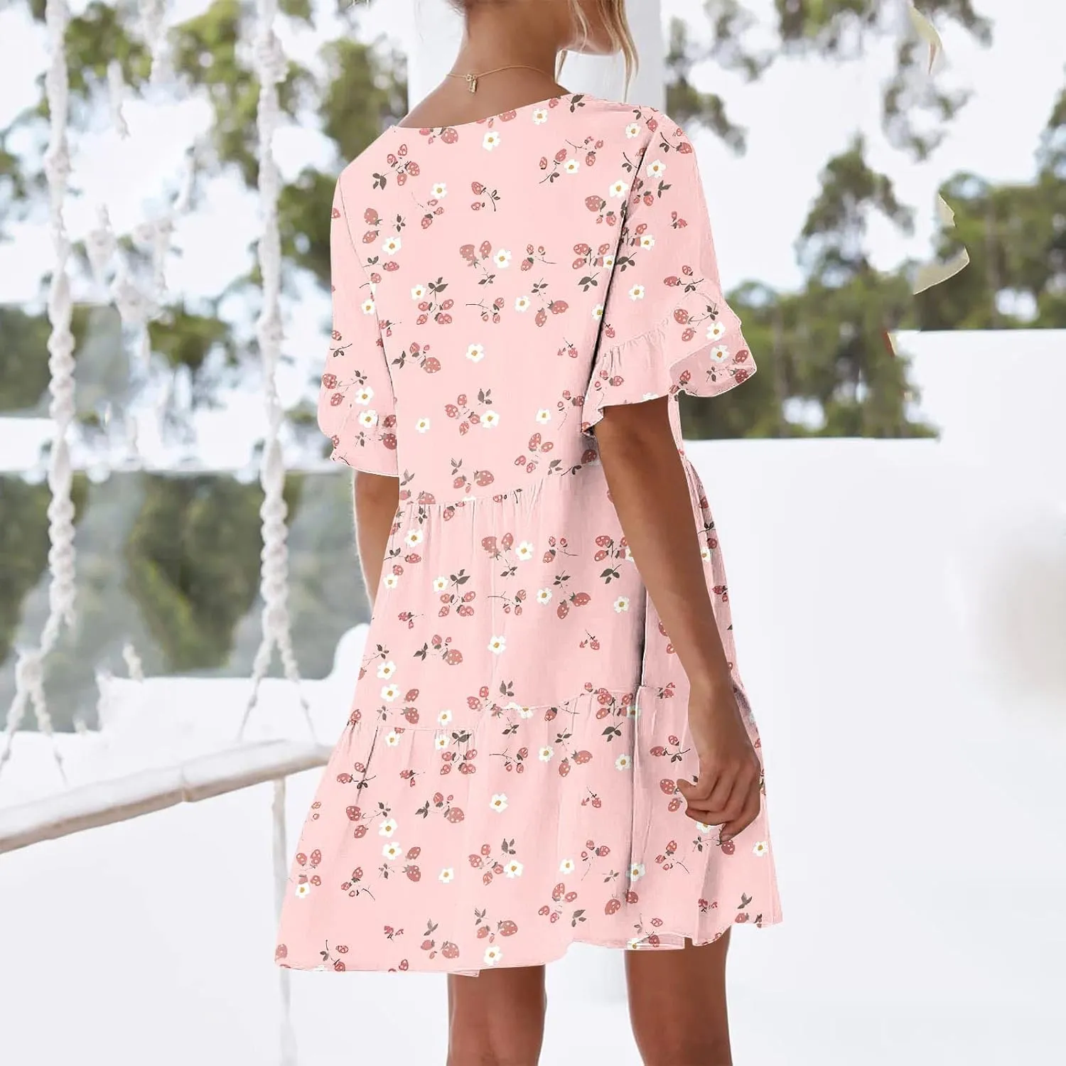 Women's Ruffle Floral Print Mini Dresses Trendy Casual 2025 Summer Loose V Neck Short Sleeve A-Line Boho Dress with Pockets