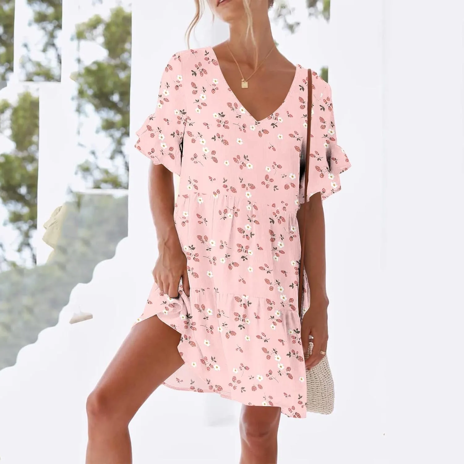 Women's Ruffle Floral Print Mini Dresses Trendy Casual 2025 Summer Loose V Neck Short Sleeve A-Line Boho Dress with Pockets
