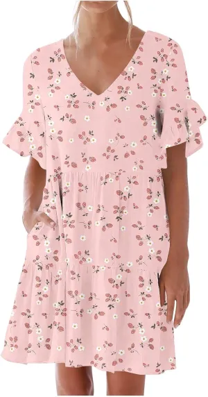 Women's Ruffle Floral Print Mini Dresses Trendy Casual 2025 Summer Loose V Neck Short Sleeve A-Line Boho Dress with Pockets