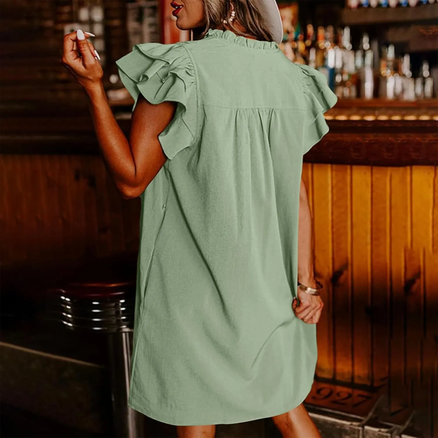 Women's Ruffle Flying Sleeve Babydoll Mini Dress Casual V Neck Pleated Short Dresses Flowy Boho Beach Sundress