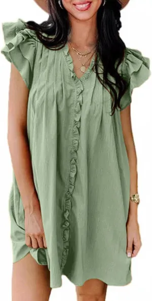 Women's Ruffle Flying Sleeve Babydoll Mini Dress Casual V Neck Pleated Short Dresses Flowy Boho Beach Sundress