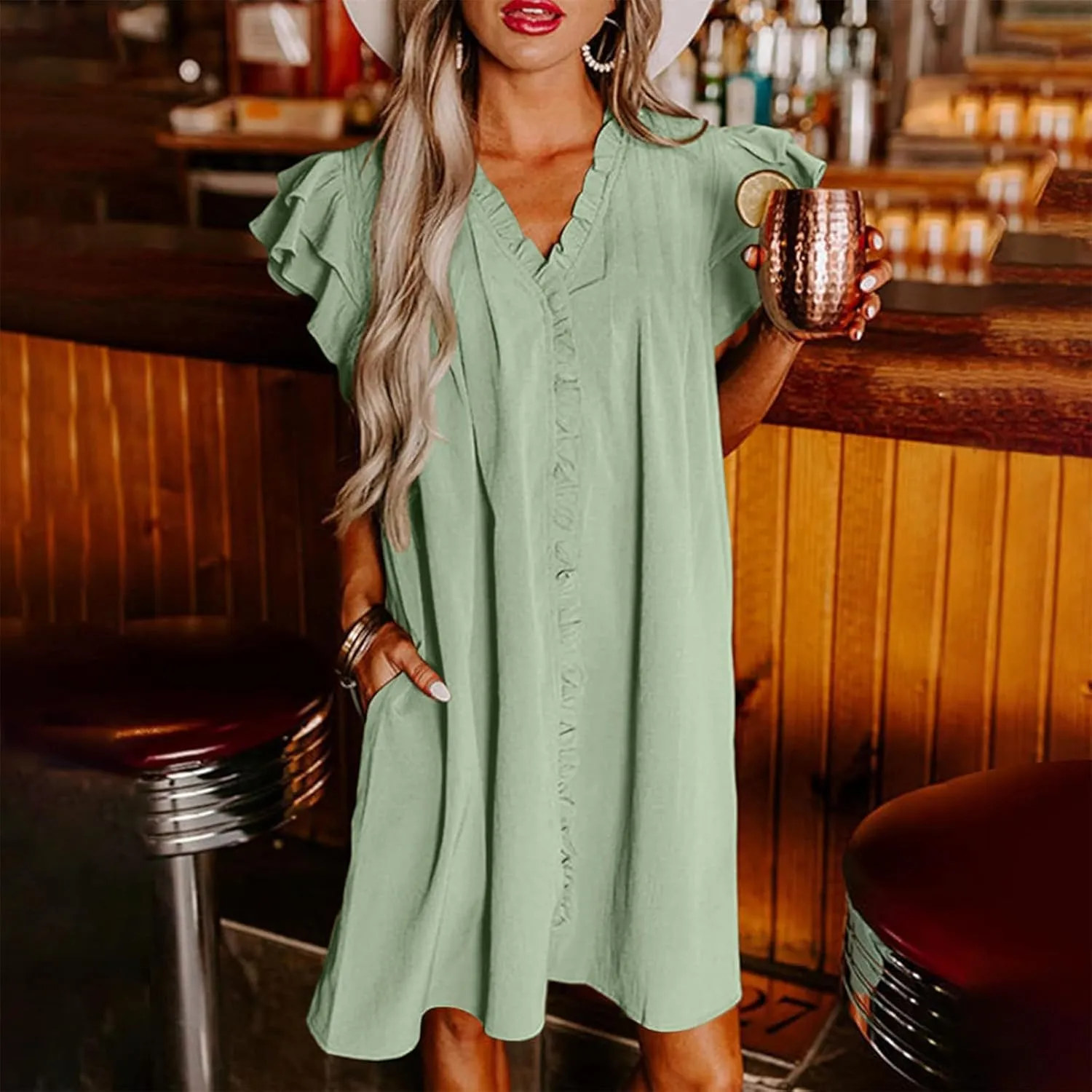 Women's Ruffle Flying Sleeve Babydoll Mini Dress Casual V Neck Pleated Short Dresses Flowy Boho Beach Sundress