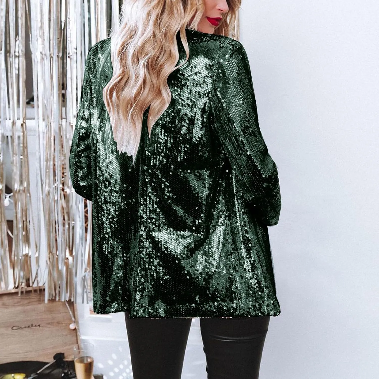 Women's Sequin Jacket Shiny Open Front Glitter Blazer Evening Party Sparkly Long Sleeve Slim Cardigan Coat