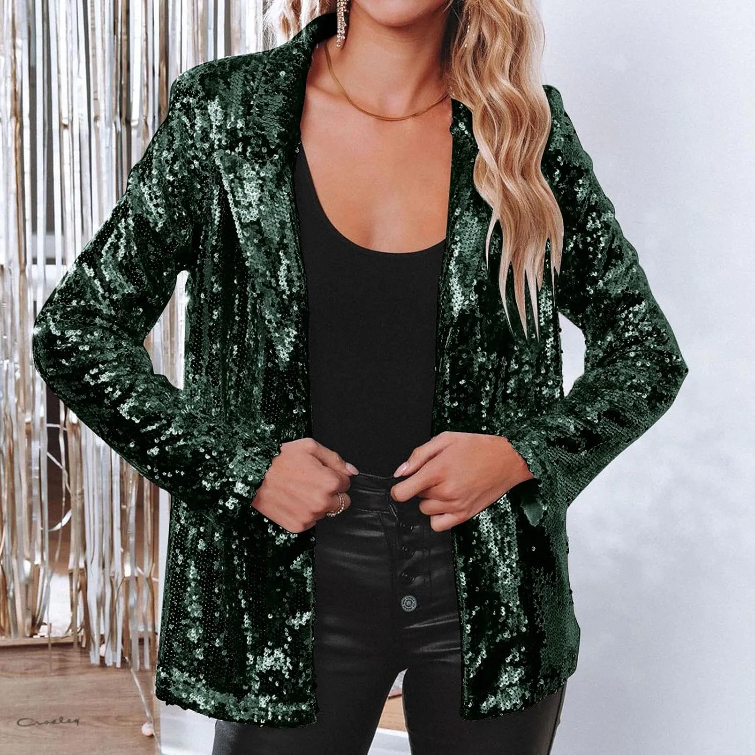 Women's Sequin Jacket Shiny Open Front Glitter Blazer Evening Party Sparkly Long Sleeve Slim Cardigan Coat