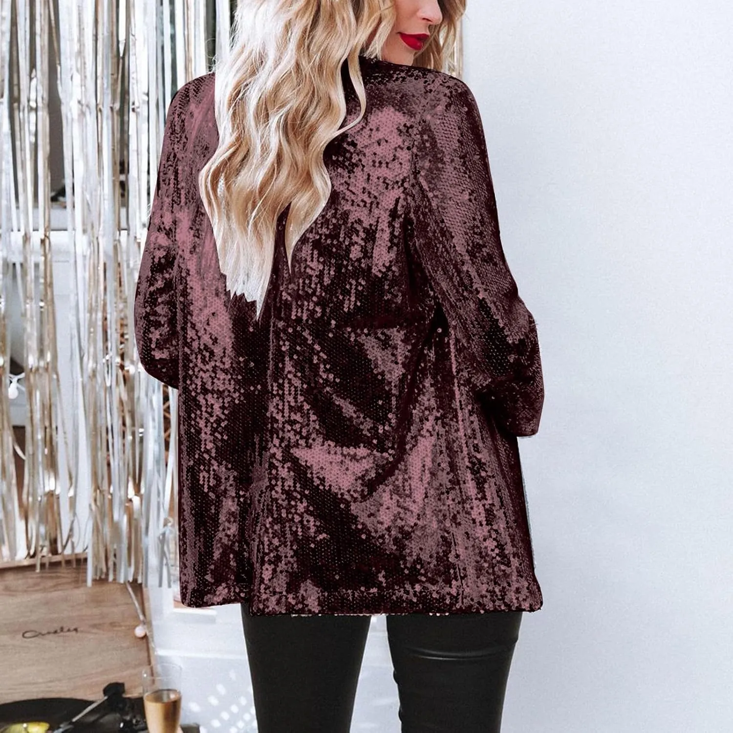 Women's Sequin Jacket Shiny Open Front Glitter Blazer Evening Party Sparkly Long Sleeve Slim Cardigan Coat