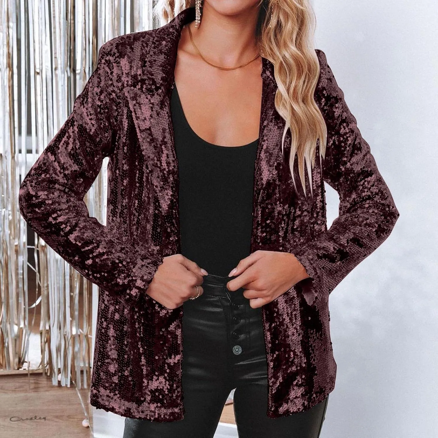 Women's Sequin Jacket Shiny Open Front Glitter Blazer Evening Party Sparkly Long Sleeve Slim Cardigan Coat