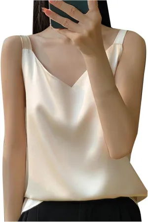 Women's Silk Satin Tank Tops V Neck Spaghetti Strap Sleeveless Camisole Solid Color Fashion Summer Basic Blouse