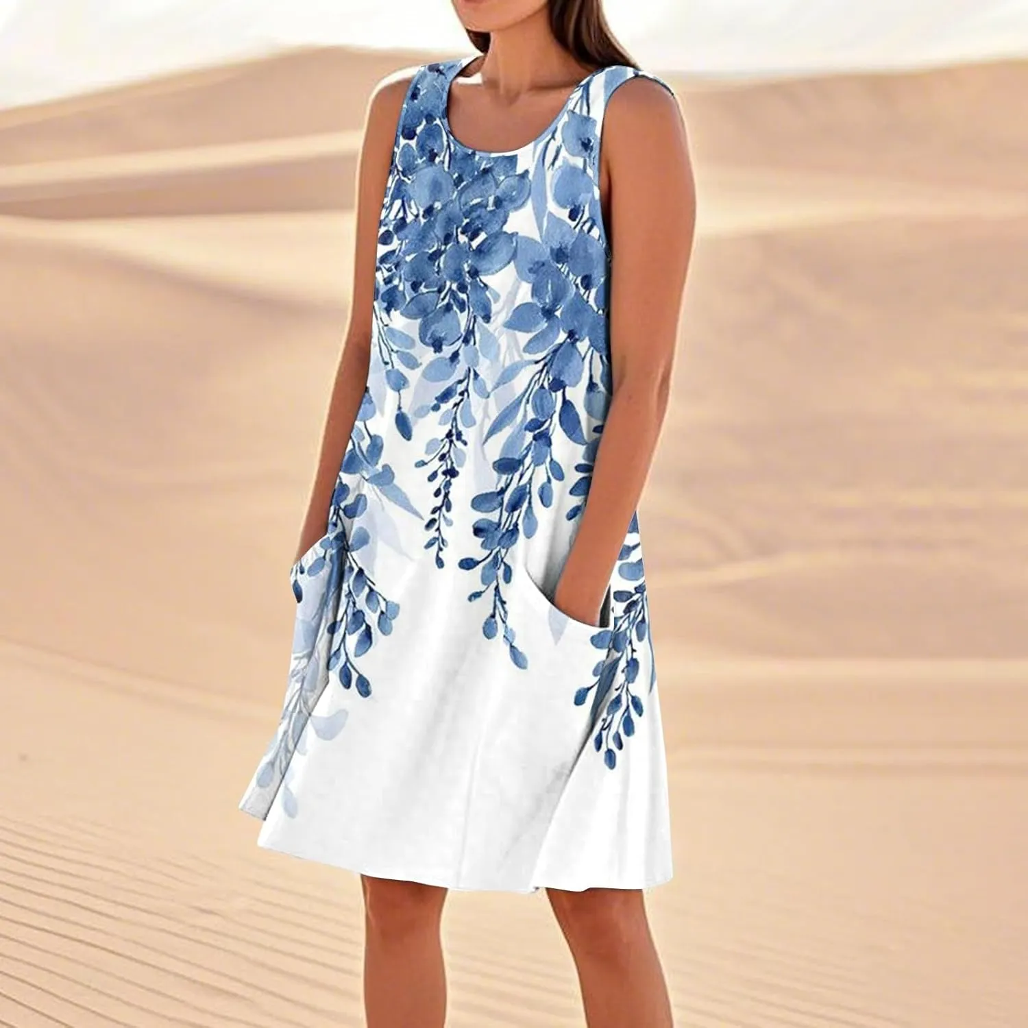 Women's Sleeveless Dresses Flowy Casual Sundress Floral Printed 2025 Summer Comfy Dress Beach Loose Dress with Pockets