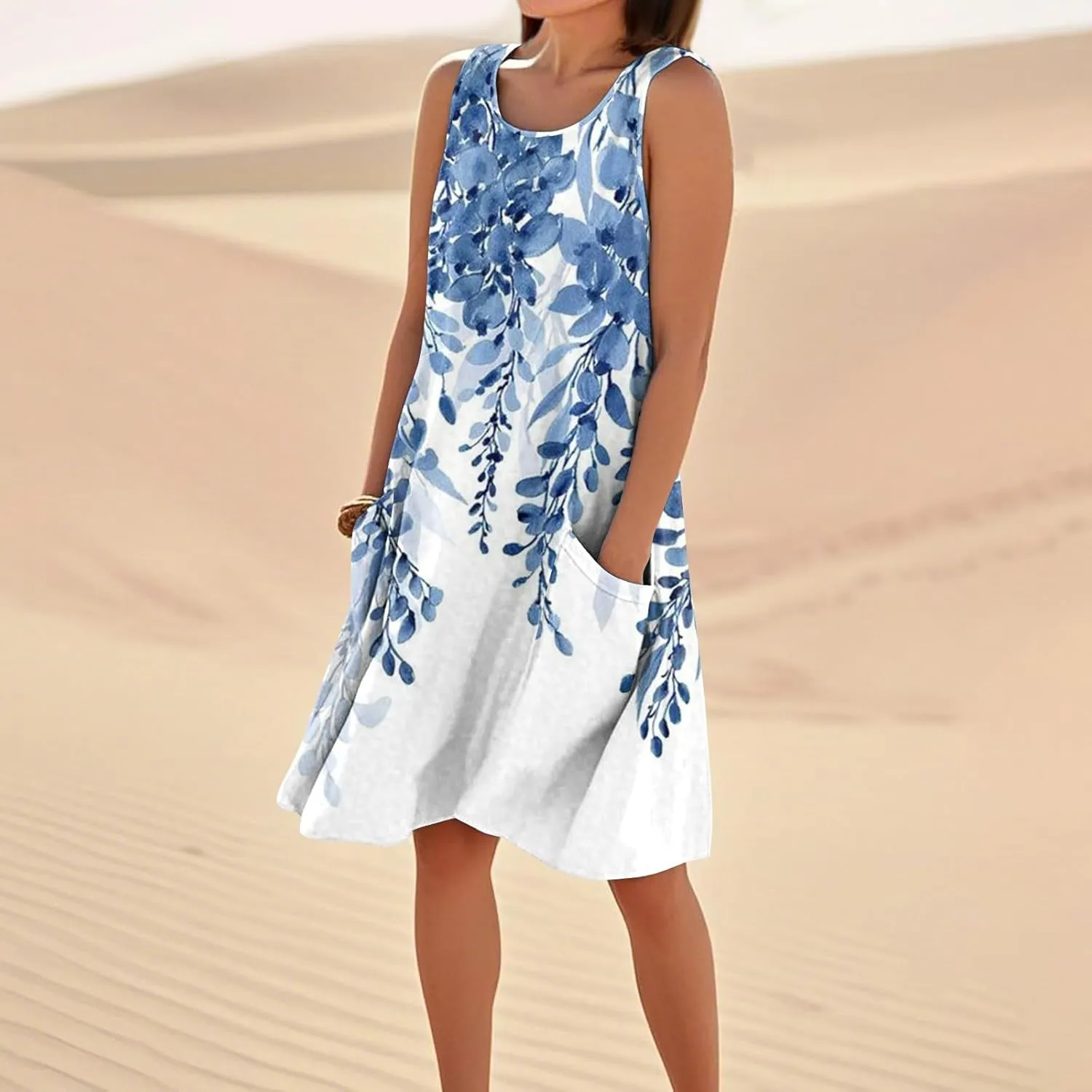 Women's Sleeveless Dresses Flowy Casual Sundress Floral Printed 2025 Summer Comfy Dress Beach Loose Dress with Pockets
