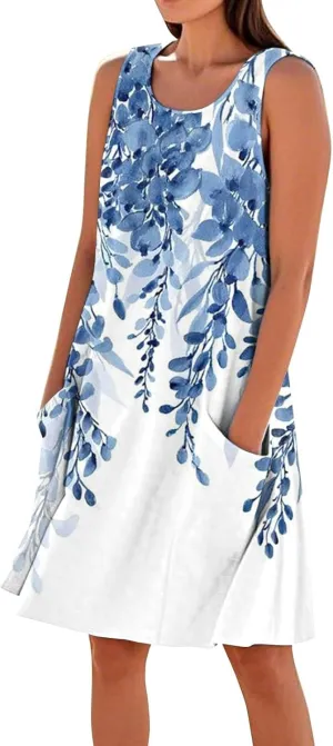 Women's Sleeveless Dresses Flowy Casual Sundress Floral Printed 2025 Summer Comfy Dress Beach Loose Dress with Pockets