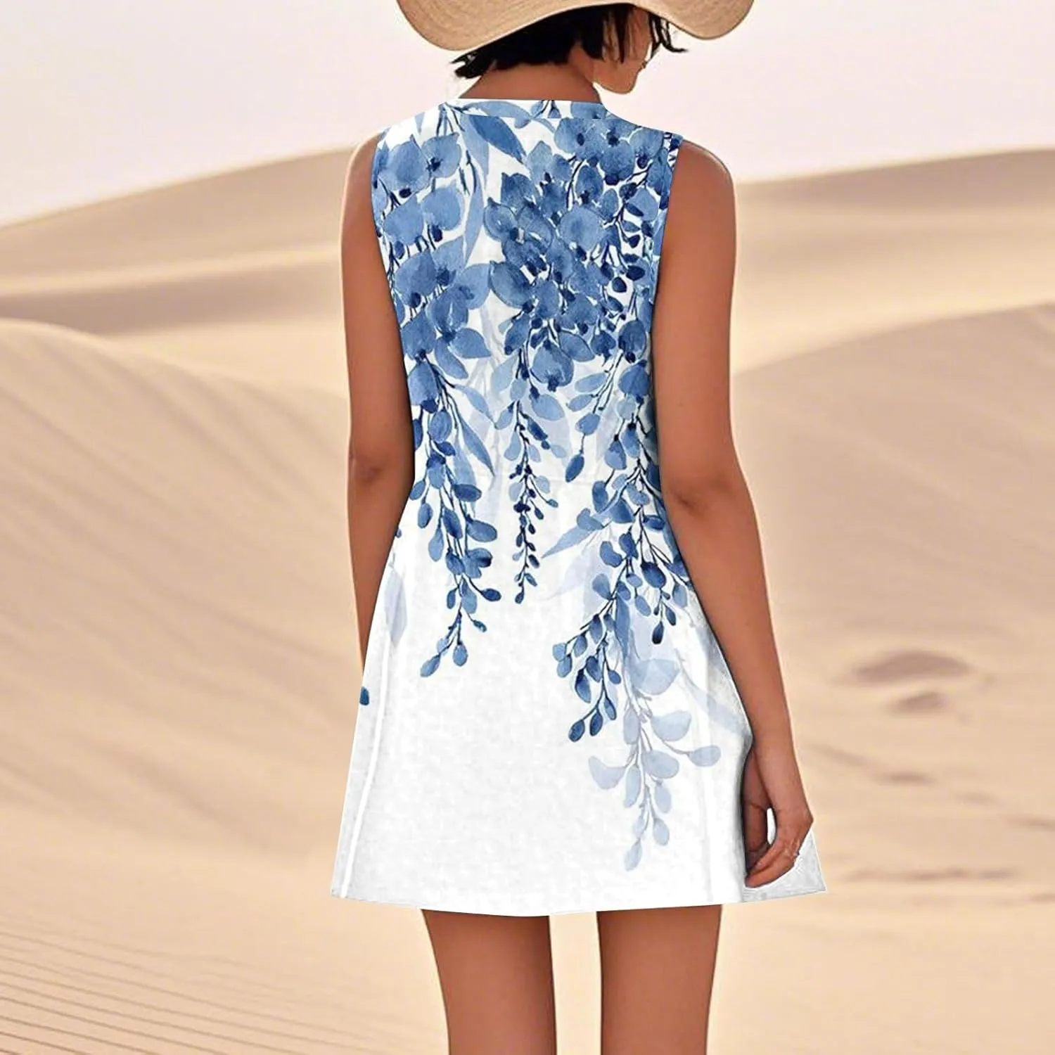 Women's Sleeveless Dresses Flowy Casual Sundress Floral Printed 2025 Summer Comfy Dress Beach Loose Dress with Pockets