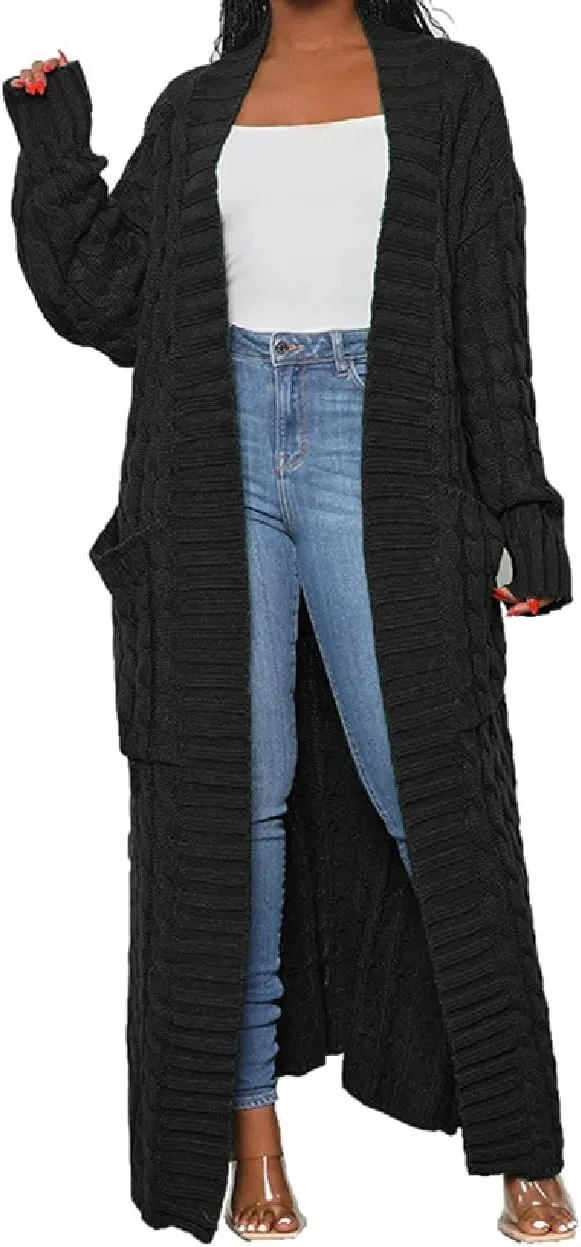 Womens Stylish Cable Knit Dual Chunky Cardigan with Pockets