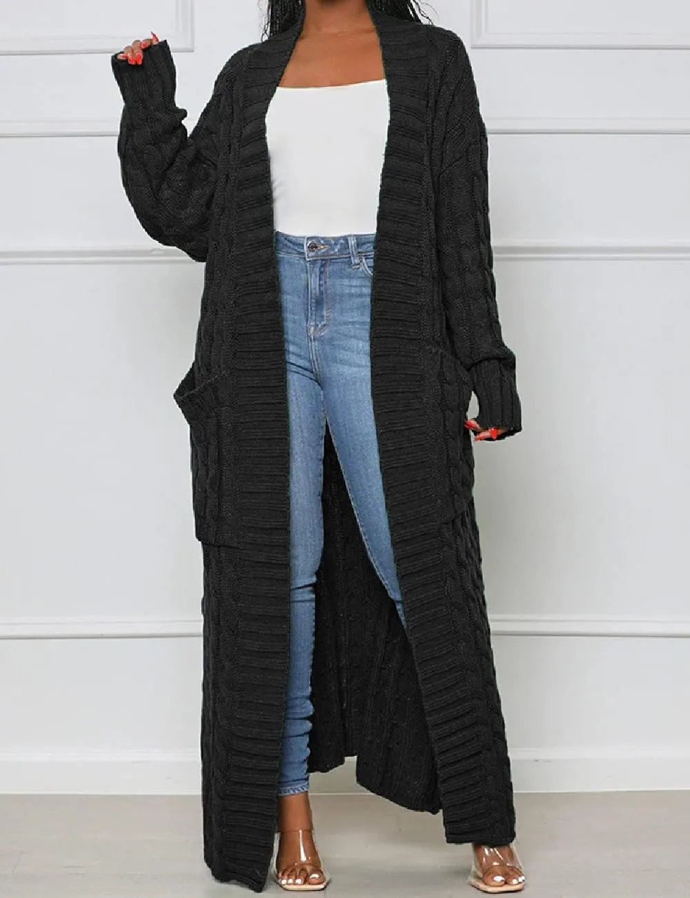 Womens Stylish Cable Knit Dual Chunky Cardigan with Pockets