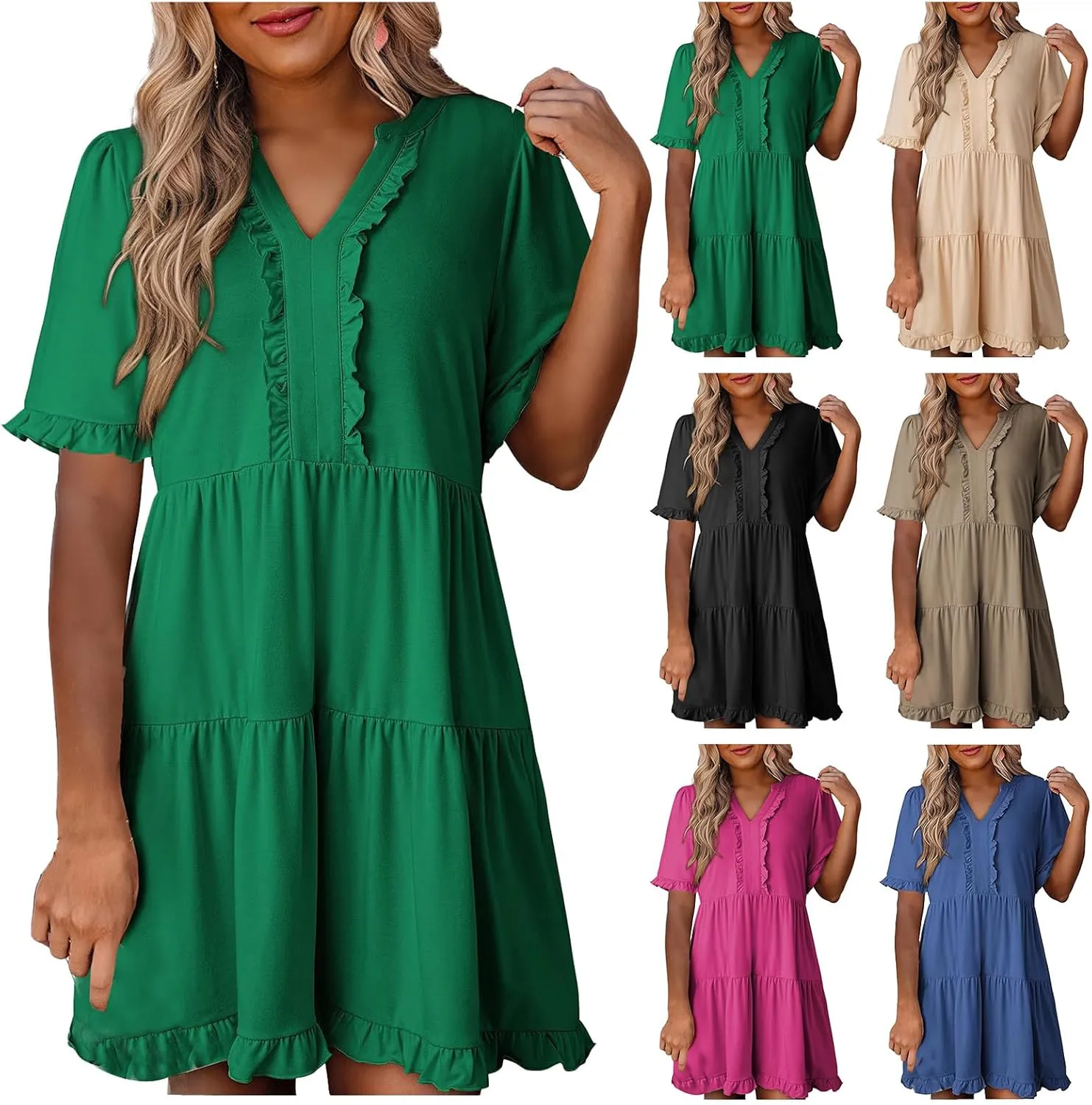 Womens Summer 2025 Ruffle Chiffon Tiered Dresses Casual A Line Flowy Swing V Neck Short Sleeve Mini Dress