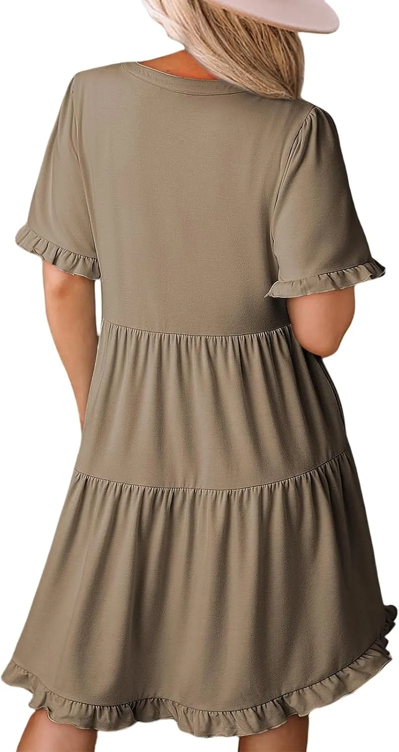 Womens Summer 2025 Ruffle Chiffon Tiered Dresses Casual A Line Flowy Swing V Neck Short Sleeve Mini Dress