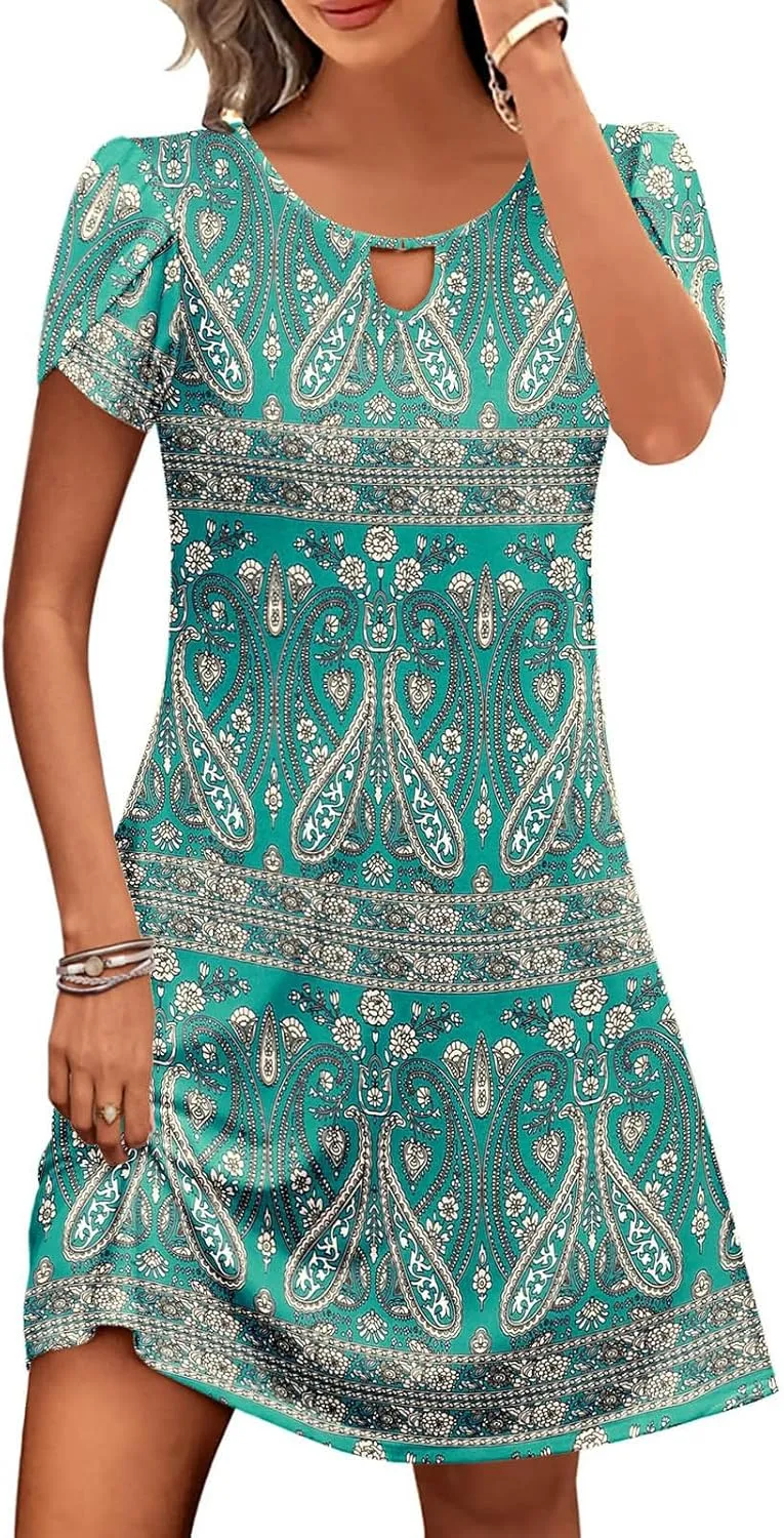 Women's Summer Beach Floral Tshirt Dress Casual Loose a-Line Mini Dresses Short Sleeve Vacation Resort Sundresses
