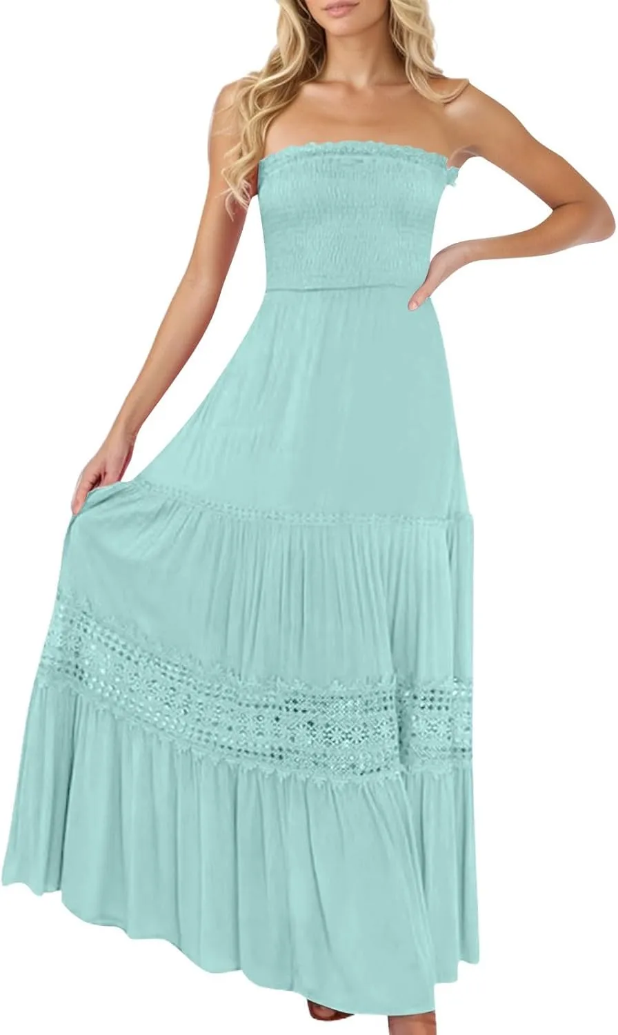 Women's Summer Bohemian Strapless Off Shoulder Lace Trim Backless Flowy A Line Beach Long Maxi Dress Sundresses