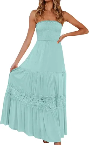 Women's Summer Bohemian Strapless Off Shoulder Lace Trim Backless Flowy A Line Beach Long Maxi Dress Sundresses