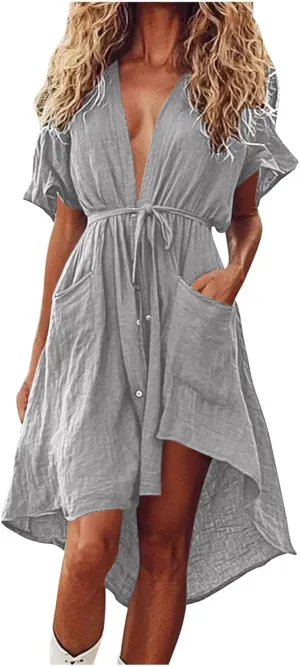 Womens Summer Button Down Shirt Dress Casual Floral Short Sleeve Sexy V Neck Midi Dress Tie Waist High Low Sundress