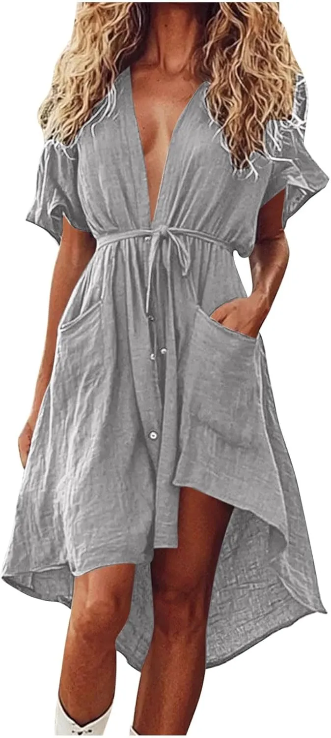 Womens Summer Button Down Shirt Dress Casual Floral Short Sleeve Sexy V Neck Midi Dress Tie Waist High Low Sundress