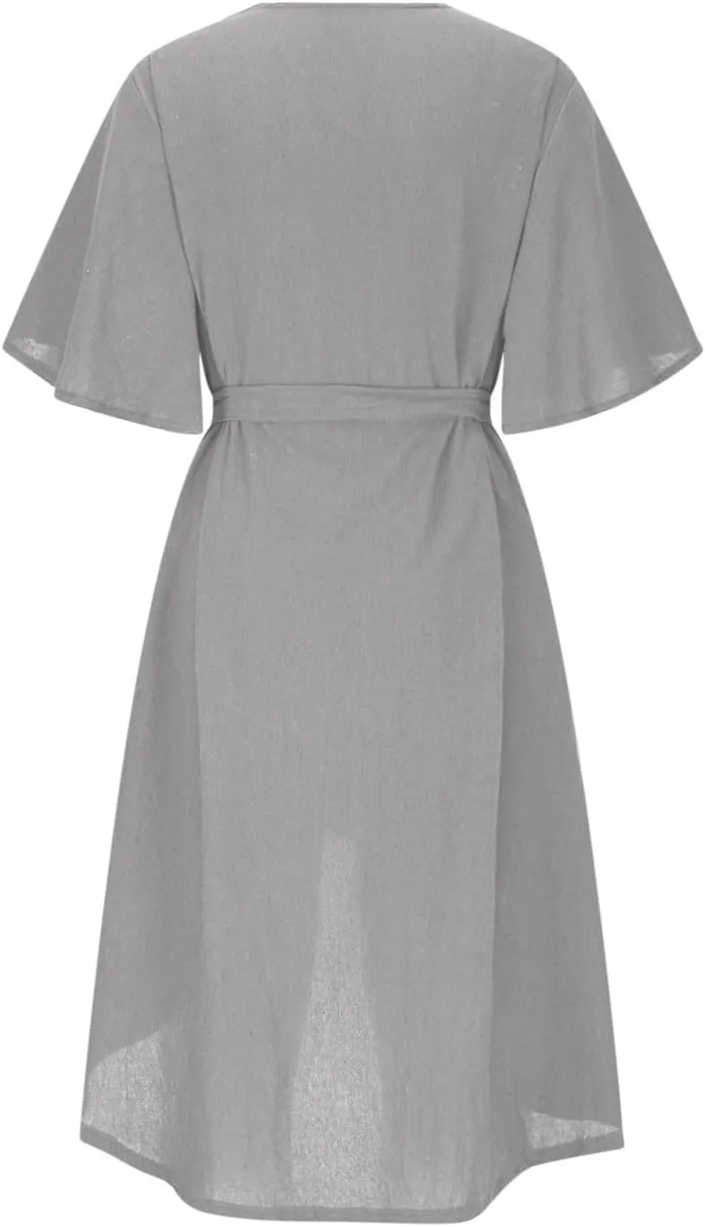 Womens Summer Button Down Shirt Dress Casual Floral Short Sleeve Sexy V Neck Midi Dress Tie Waist High Low Sundress