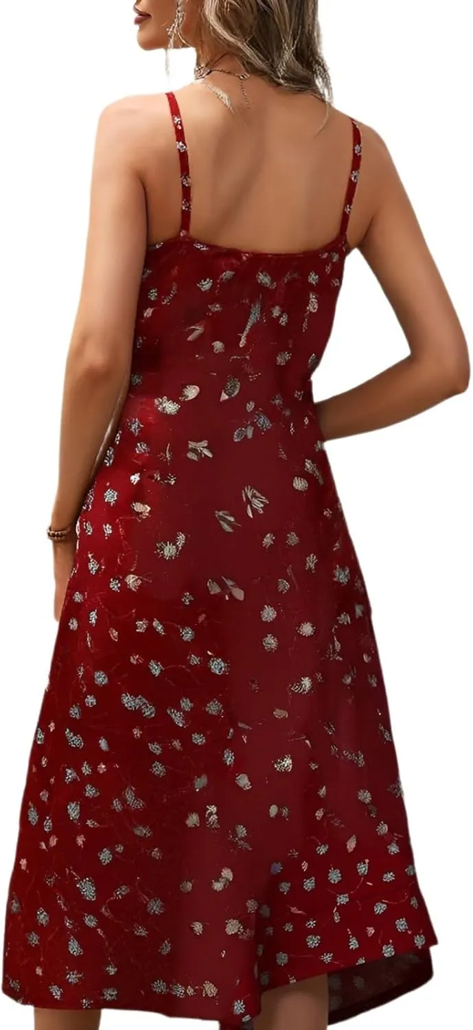 Women's Summer Casual Square Neck Polka Dot Sxey Sleeveless High Waist A-line Sundress Midi Dresses