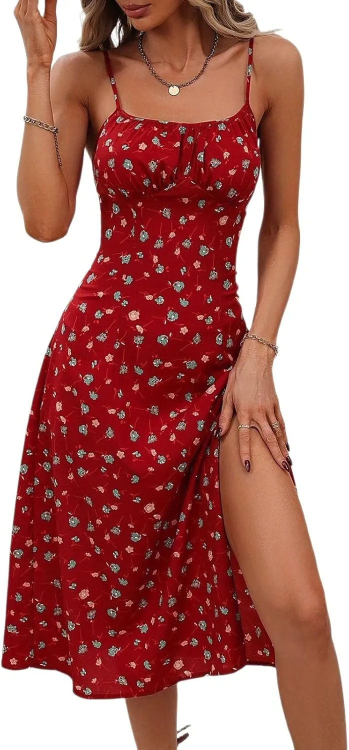 Women's Summer Casual Square Neck Polka Dot Sxey Sleeveless High Waist A-line Sundress Midi Dresses