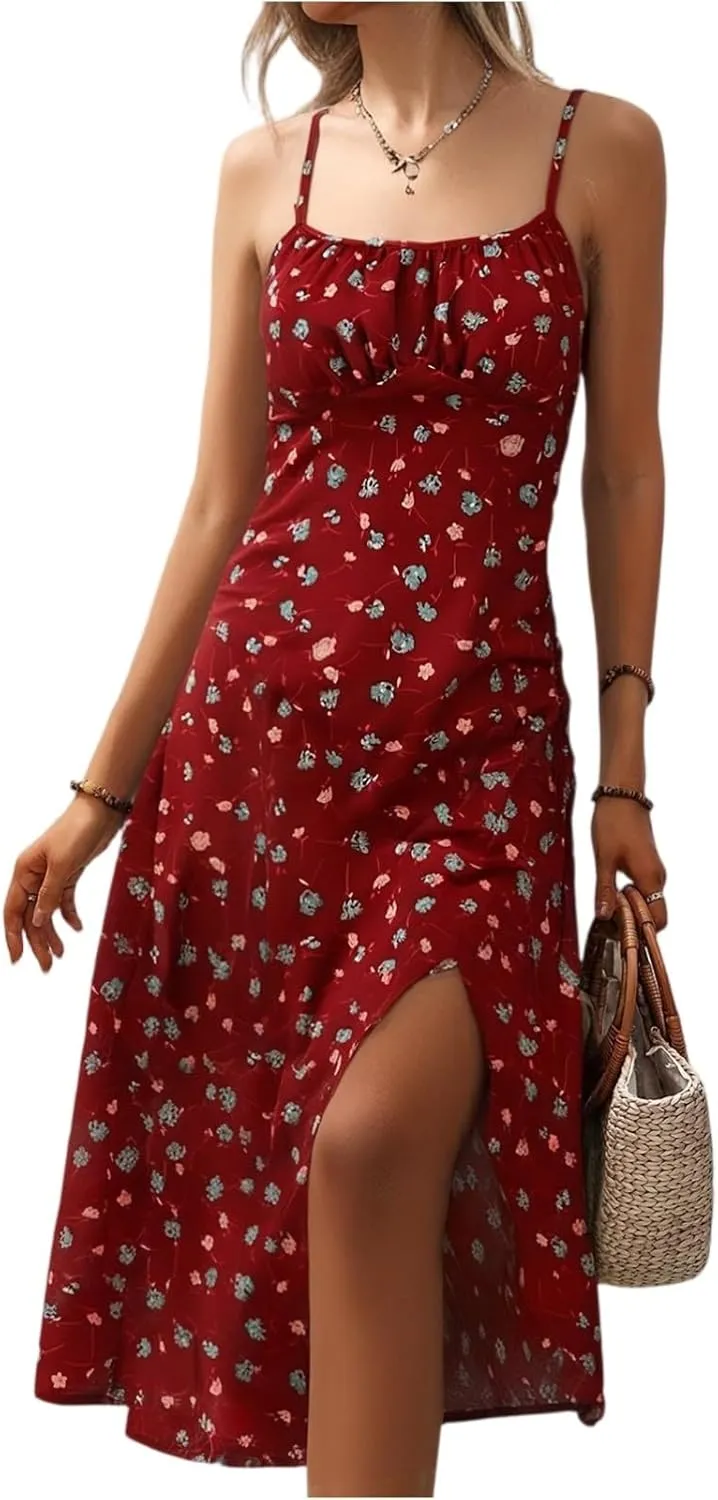 Women's Summer Casual Square Neck Polka Dot Sxey Sleeveless High Waist A-line Sundress Midi Dresses