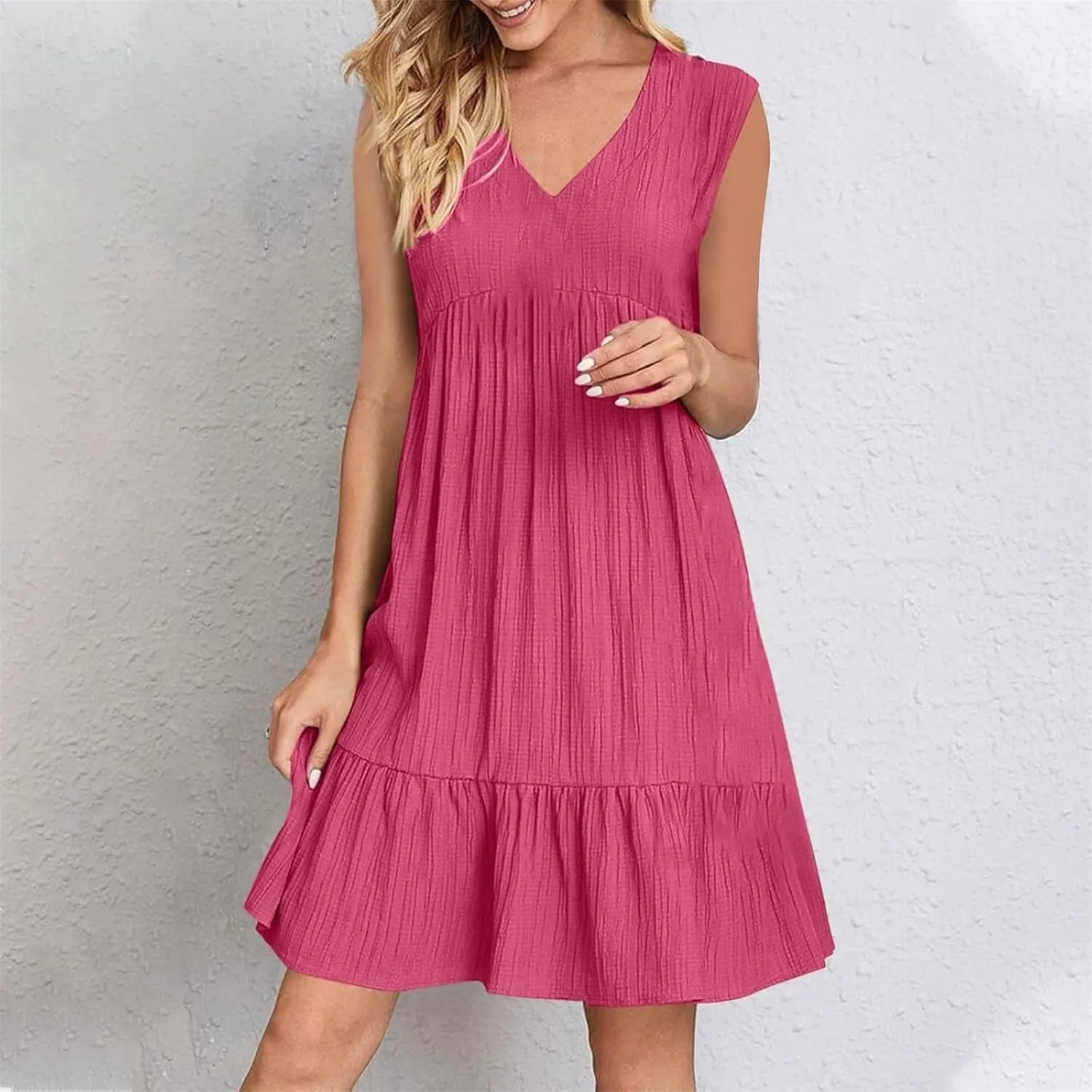 Womens Summer Dress Sleeveless V Neck Mini Dresses Fashion Casual Flowy Boho Ruffle A Line Swing Sundress 2025