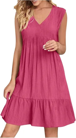 Womens Summer Dress Sleeveless V Neck Mini Dresses Fashion Casual Flowy Boho Ruffle A Line Swing Sundress 2025