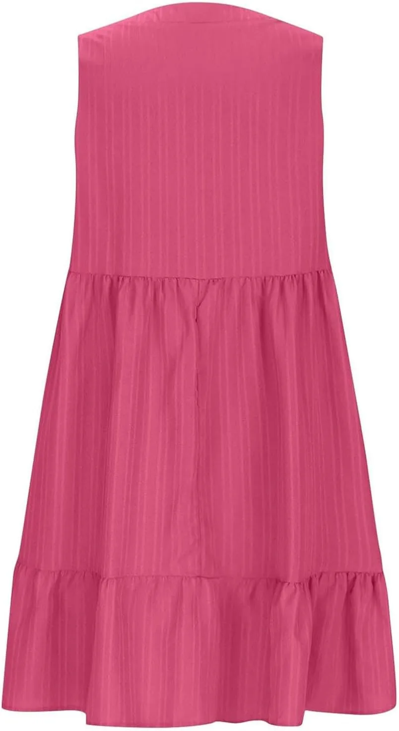 Womens Summer Dress Sleeveless V Neck Mini Dresses Fashion Casual Flowy Boho Ruffle A Line Swing Sundress 2025