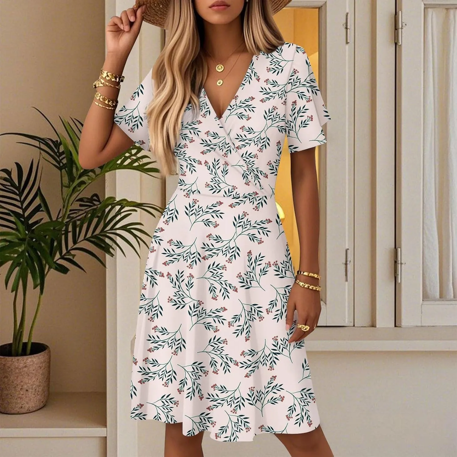 Womens Summer Dresses 2025 V Neck Short Sleeve Boho Floral Printed Midi Dress Casual Beach Vacation Clothes